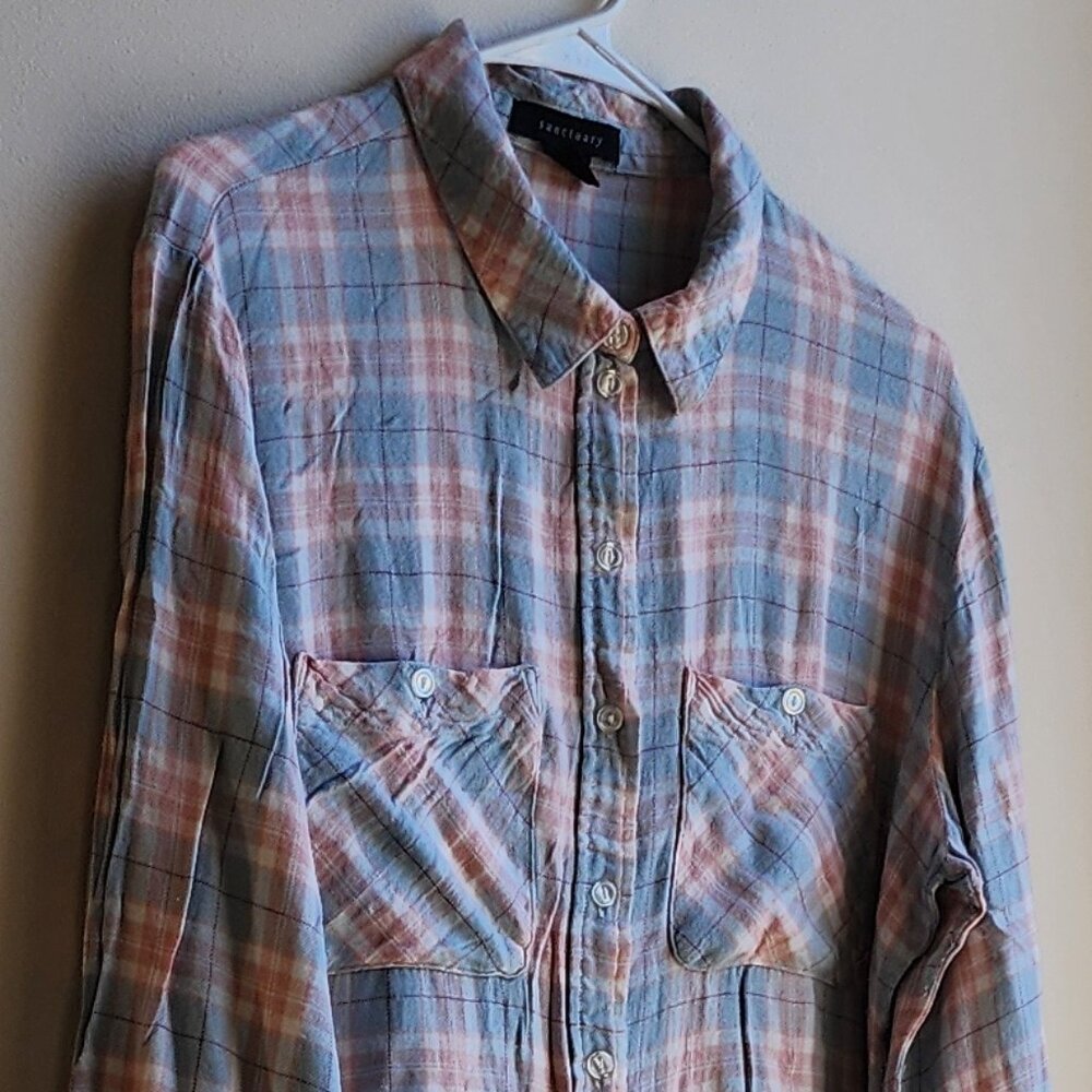 Sanctuary Blue/Pink Plaid Button Down Flannel Shirt Size Large - Picture 2 of 13